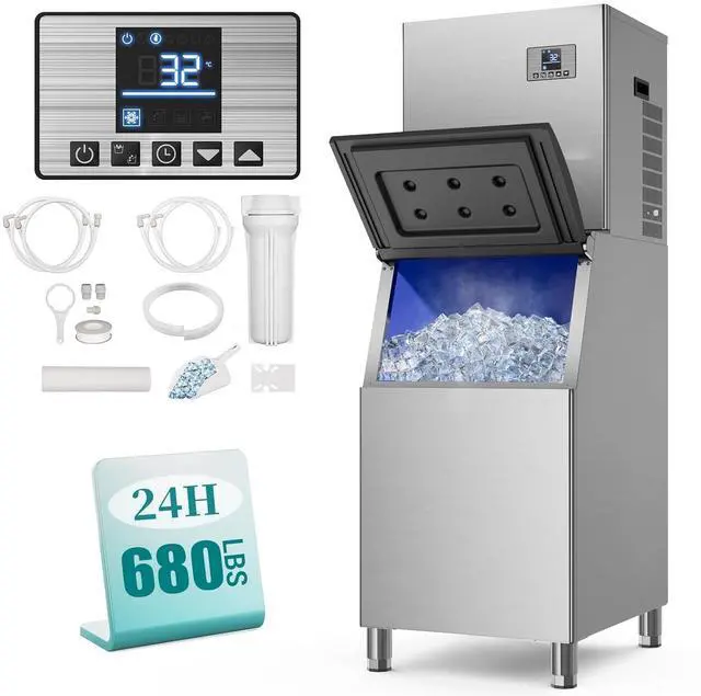 Main image of Commercial Ice Maker Machine, 680Lbs/24h with 560LBS Ice Bin Commercial Ice Machine, ETL Approval Industrial Ice Machine, Stainless Steel Self-Cleaning for Bar Restaurant Hotel