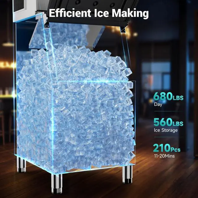 Alt view image 2 of 6 - Commercial Ice Maker Machine, 680Lbs/24h with 560LBS Ice Bin Commercial Ice Machine, ETL Approval Industrial Ice Machine, Stainless Steel Self-Cleaning for Bar Restaurant Hotel