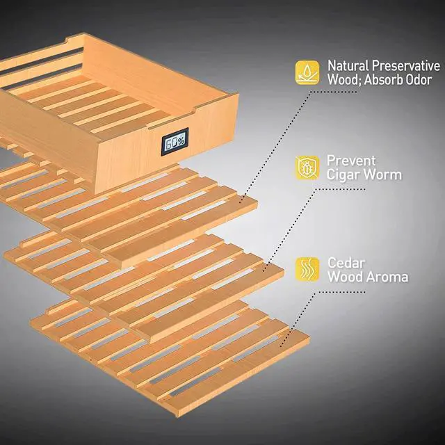 Alt view image 5 of 7 - Cigar Humidors 48L with Cooling and Heating Function, Electronic Humidor Cabinet for 350 Cigars, Spanish Cedar Wood Drawer Shelves with Digital Hygrometer, Gift for Men 1.7 Cu Ft