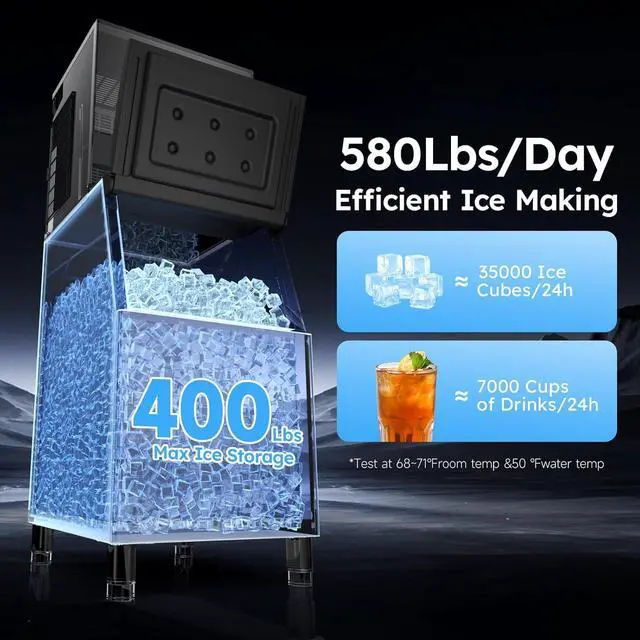 Alt view image 2 of 7 - Commercial Ice Maker Machine 580Lbs/24H with 400LBS Storage Bin,Self Cleaning Stainless Steel Industrial Ice Machine, Ice Ready in 5-15min, Perfect for Bar/Cafe/Restaurant/Business,Silver