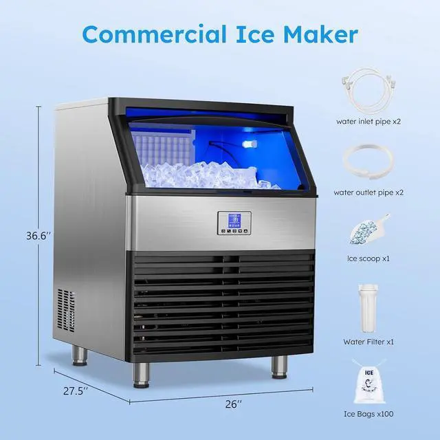 Alt view image 6 of 7 - Commercial Ice Machine, 450Lbs/24H Under Counter Ice Machine, Upgrade Compressor 120LBS Storage Bin, Stainless Freestanding Commercial Ice Maker for Home Bar Cafe Office, with Water Filter and Scoop