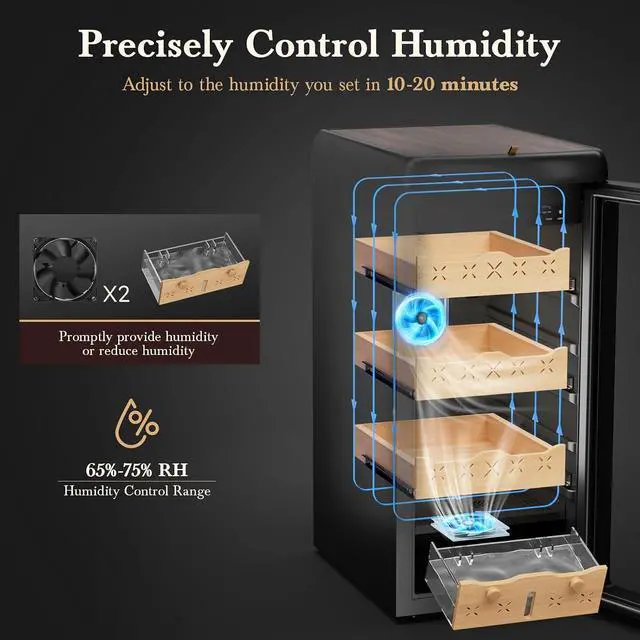 Alt view image 2 of 7 - 115L Electric Cigar Humidor,900 Counts Large Capacity,Intelligent Temperature & Humidity Control,Spanish Cedar Wood Drawer,Digital LED Display,Stainless Steel Lockable Cabinet, black