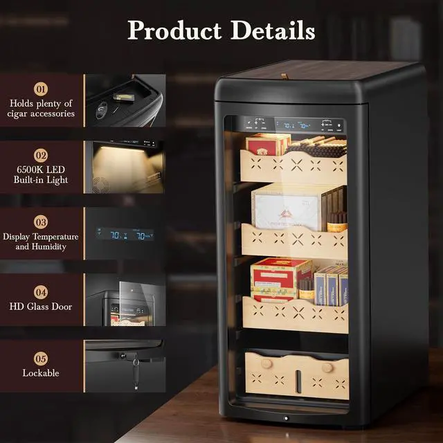 Alt view image 7 of 7 - 115L Electric Cigar Humidor,900 Counts Large Capacity,Intelligent Temperature & Humidity Control,Spanish Cedar Wood Drawer,Digital LED Display,Stainless Steel Lockable Cabinet, black