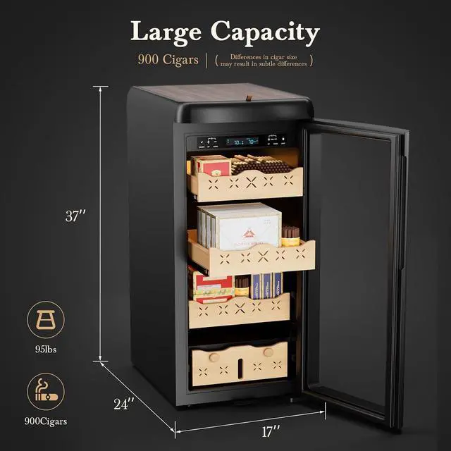 Alt view image 4 of 7 - 115L Electric Cigar Humidor,900 Counts Large Capacity,Intelligent Temperature & Humidity Control,Spanish Cedar Wood Drawer,Digital LED Display,Stainless Steel Lockable Cabinet, black