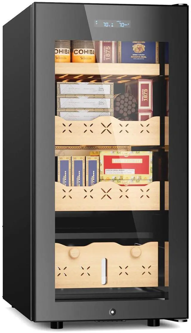 Main image of 85L Electric Cigar Humidor,700 Counts Large Capacity,Intelligent Temperature & Humidity Control,Spanish Cedar Wood Drawer,Digital LED Display,Stainless Steel Lockable Cabinet, black