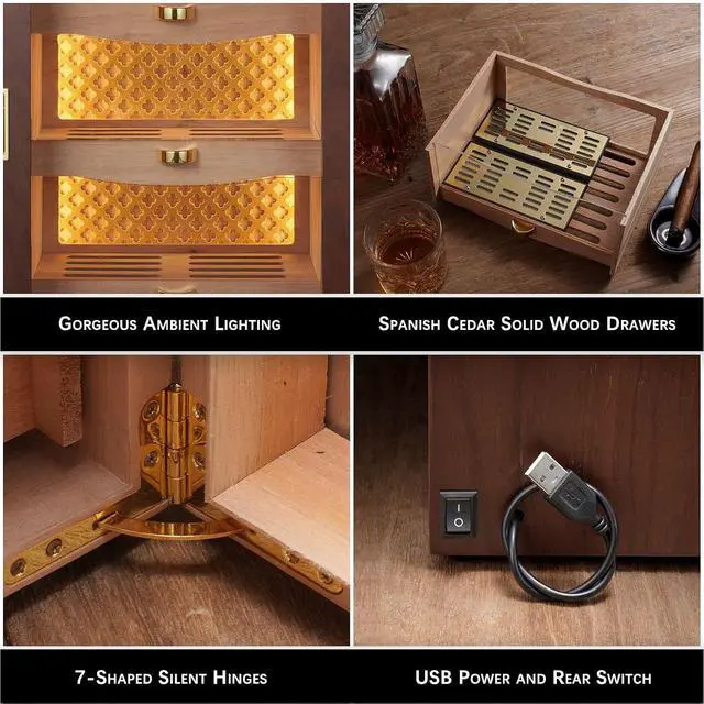 Alt view image 5 of 7 - LED Cigar Humidor Cabinet, Peruvian Spanish Cedar, Precision Hygrometer, Elegant and Gorgeous Design - Exceptional Gift for Fathers, Husbands, Gentlemen Friends, and Cigar Enthusiasts