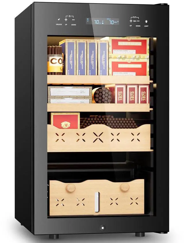 Main image of 65L Electric Cigar Humidor,500 Counts Large Capacity,Intelligent Temperature & Humidity Control,Spanish Cedar Wood Drawer,Digital LED Display,Stainless Steel Lockable Cabinet, black