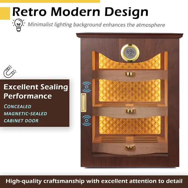 Alt view image 2 of 7 - LED Cigar Humidor Cabinet, Peruvian Spanish Cedar, Precision Hygrometer, Elegant and Gorgeous Design - Exceptional Gift for Fathers, Husbands, Gentlemen Friends, and Cigar Enthusiasts