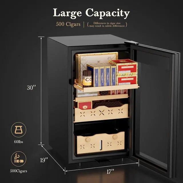 Alt view image 4 of 7 - 65L Electric Cigar Humidor,500 Counts Large Capacity,Intelligent Temperature & Humidity Control,Spanish Cedar Wood Drawer,Digital LED Display,Stainless Steel Lockable Cabinet, black