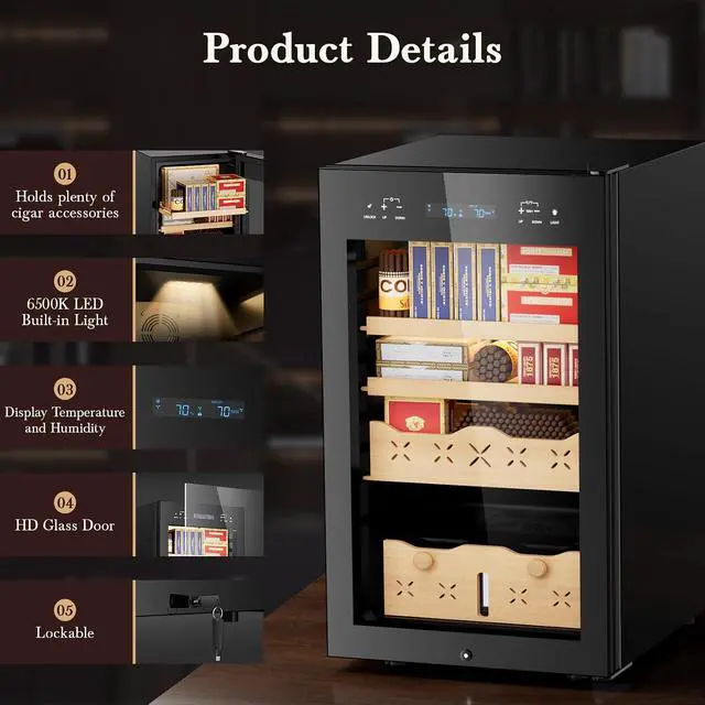 Alt view image 7 of 7 - 65L Electric Cigar Humidor,500 Counts Large Capacity,Intelligent Temperature & Humidity Control,Spanish Cedar Wood Drawer,Digital LED Display,Stainless Steel Lockable Cabinet, black