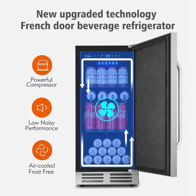 Alt view image 7 of 7 - 15 Inch Outdoor Beverage Refrigerator Cooler,Stainless Steel 127 Cans Beverage Fridge with French Door Under Counter Built-in or Freestanding, Perfect for Beer, Cola