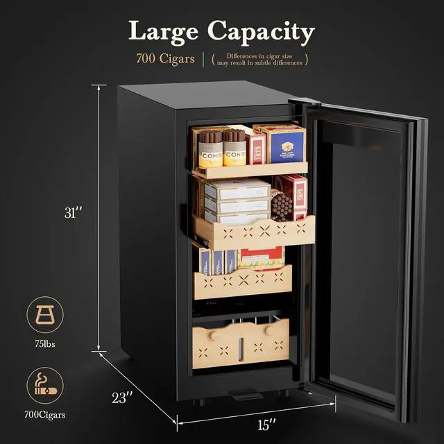 Alt view image 4 of 7 - 85L Electric Cigar Humidor,700 Counts Large Capacity,Intelligent Temperature & Humidity Control,Spanish Cedar Wood Drawer,Digital LED Display,Stainless Steel Lockable Cabinet, black