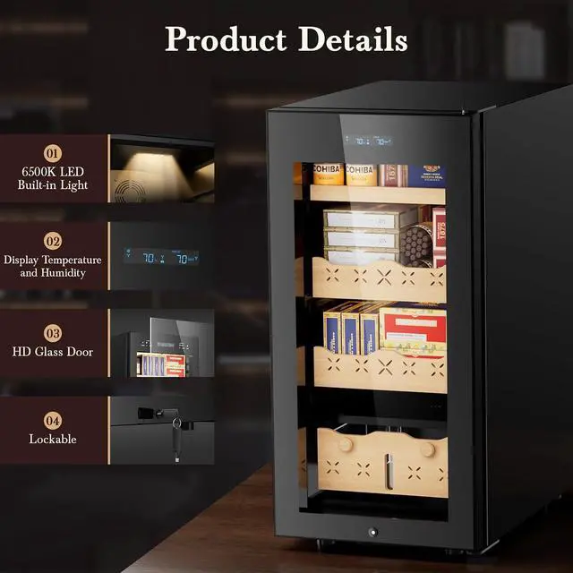 Alt view image 7 of 7 - 85L Electric Cigar Humidor,700 Counts Large Capacity,Intelligent Temperature & Humidity Control,Spanish Cedar Wood Drawer,Digital LED Display,Stainless Steel Lockable Cabinet, black