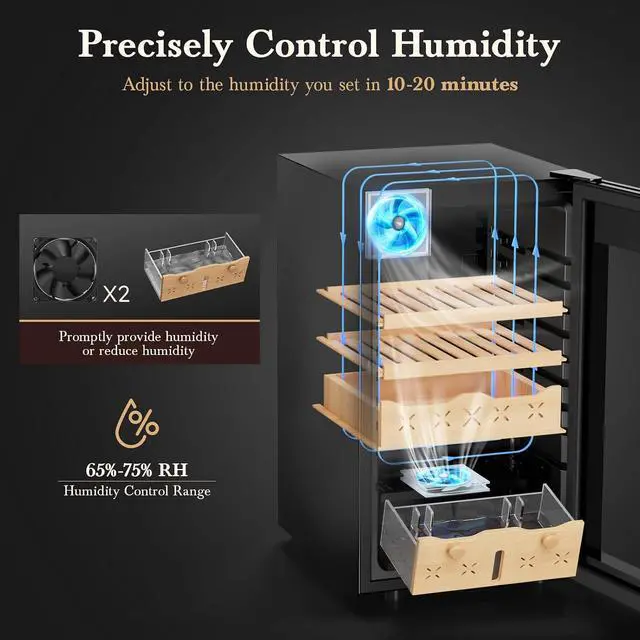 Alt view image 2 of 7 - 65L Electric Cigar Humidor,500 Counts Large Capacity,Intelligent Temperature & Humidity Control,Spanish Cedar Wood Drawer,Digital LED Display,Stainless Steel Lockable Cabinet, black