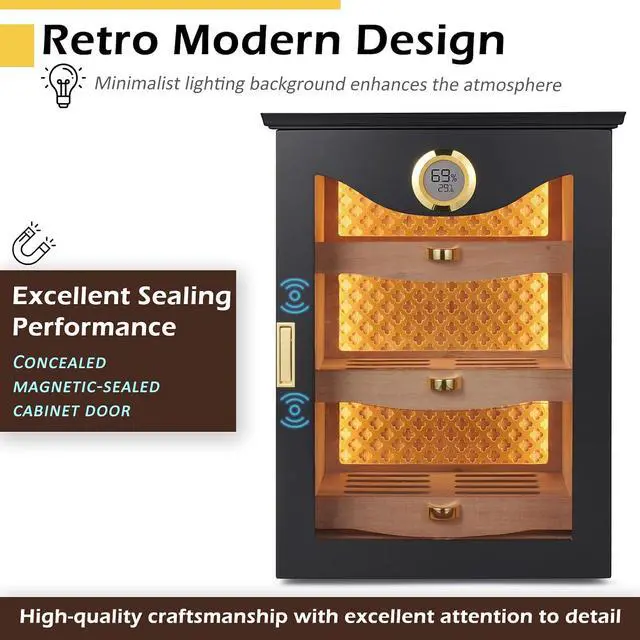 Alt view image 2 of 7 - LED Cigar Humidor Cabinet, Peruvian Spanish Cedar, Precision Hygrometer, Elegant and Gorgeous Design - Exceptional Gift for Fathers, Husbands, Gentlemen Friends, and Cigar Enthusiasts