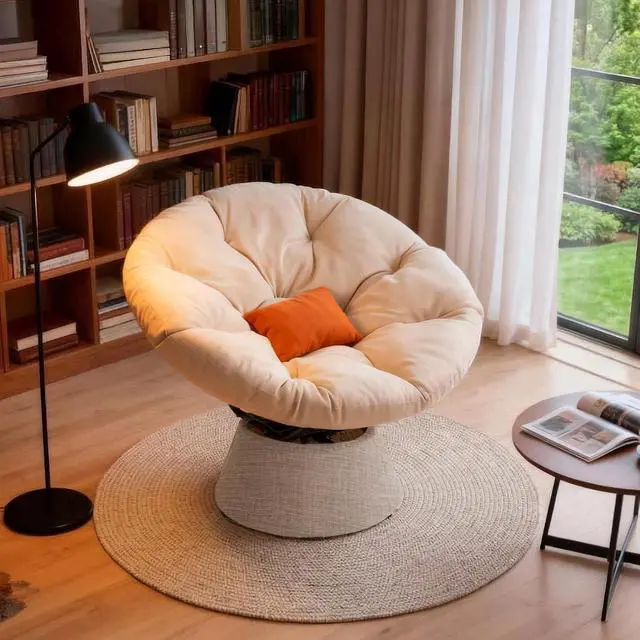 Alt view image 2 of 7 - 2026 Upgraded 43 Papasan Chair with Non-Slip Cushion Anchor, Swivel Lounge Chair with Reinforced Steel Frame for Indoor/Outdoor, Comfortable Reading Chair for Living Room, Patio, Porch, Beige