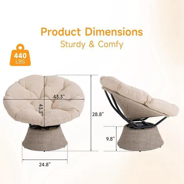 Alt view image 3 of 7 - 2026 Upgraded 43 Papasan Chair with Non-Slip Cushion Anchor, Swivel Lounge Chair with Reinforced Steel Frame for Indoor/Outdoor, Comfortable Reading Chair for Living Room, Patio, Porch, Beige
