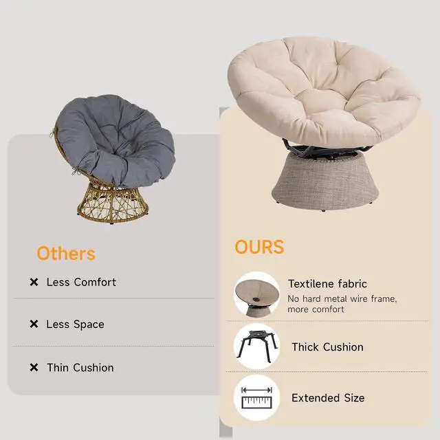Alt view image 7 of 7 - 2026 Upgraded 43 Papasan Chair with Non-Slip Cushion Anchor, Swivel Lounge Chair with Reinforced Steel Frame for Indoor/Outdoor, Comfortable Reading Chair for Living Room, Patio, Porch, Beige