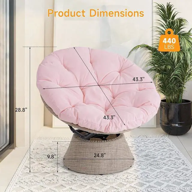 Alt view image 3 of 7 - 2026 Upgraded 43 Papasan Chair with Non-Slip Cushion Anchor, Swivel Lounge Chair with Reinforced Steel Frame for Indoor/Outdoor, Comfortable Reading Chair for Living Room, Patio, Porch, Pink
