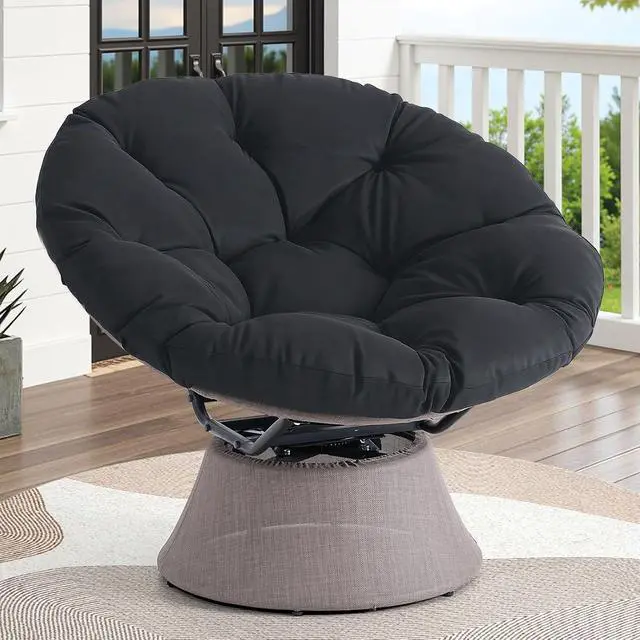 Alt view image 2 of 7 - 2026 Upgraded 43 Papasan Chair with Non-Slip Cushion Anchor, Swivel Lounge Chair with Reinforced Steel Frame for Indoor/Outdoor, Comfortable Reading Chair for Living Room, Patio, Porch, Black