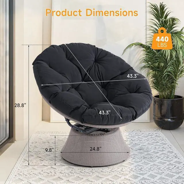 Alt view image 3 of 7 - 2026 Upgraded 43 Papasan Chair with Non-Slip Cushion Anchor, Swivel Lounge Chair with Reinforced Steel Frame for Indoor/Outdoor, Comfortable Reading Chair for Living Room, Patio, Porch, Black