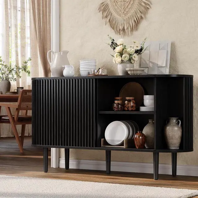 Alt view image 6 of 7 - 55" Buffet Sideboard Cabinet with Sliding Doors, Mid-Century Modern Sideboard Buffet Cabinet with Storage & Adjustable Shelves, Accent Coffee Bar Console Table for Kitchen, Entryway, Black