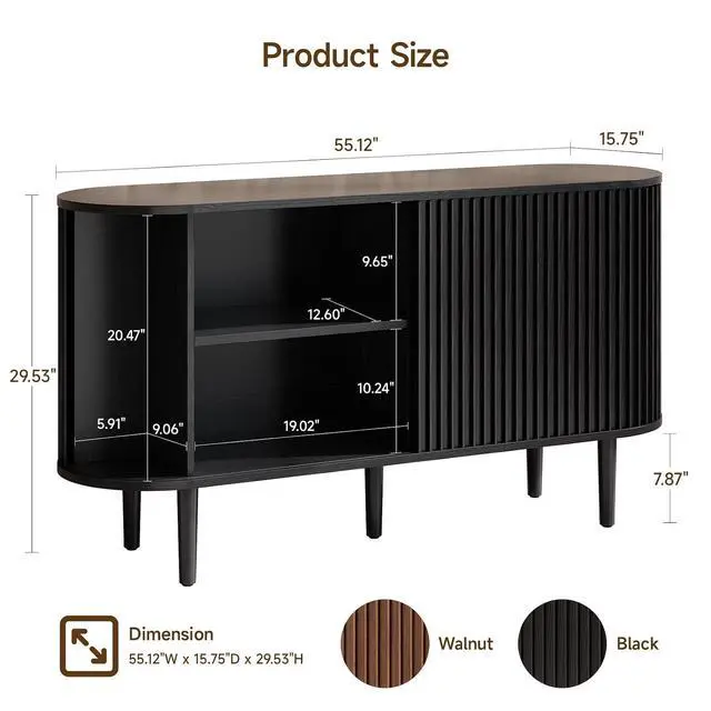 Alt view image 2 of 7 - 55" Buffet Sideboard Cabinet with Sliding Doors, Mid-Century Modern Sideboard Buffet Cabinet with Storage & Adjustable Shelves, Accent Coffee Bar Console Table for Kitchen, Entryway, Black