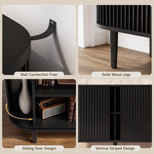 Alt view image 5 of 7 - 55" Buffet Sideboard Cabinet with Sliding Doors, Mid-Century Modern Sideboard Buffet Cabinet with Storage & Adjustable Shelves, Accent Coffee Bar Console Table for Kitchen, Entryway, Black