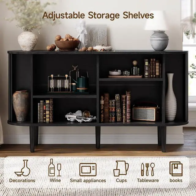 Alt view image 3 of 7 - 55" Buffet Sideboard Cabinet with Sliding Doors, Mid-Century Modern Sideboard Buffet Cabinet with Storage & Adjustable Shelves, Accent Coffee Bar Console Table for Kitchen, Entryway, Black