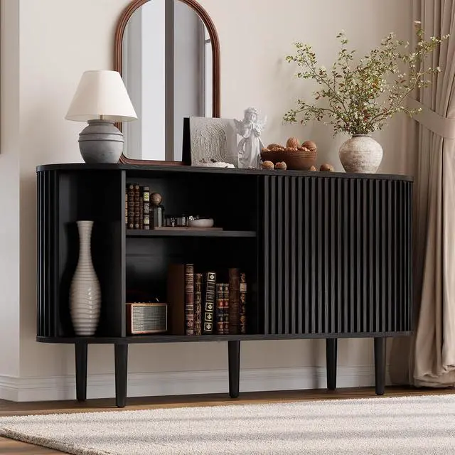 Alt view image 4 of 7 - 55" Buffet Sideboard Cabinet with Sliding Doors, Mid-Century Modern Sideboard Buffet Cabinet with Storage & Adjustable Shelves, Accent Coffee Bar Console Table for Kitchen, Entryway, Black