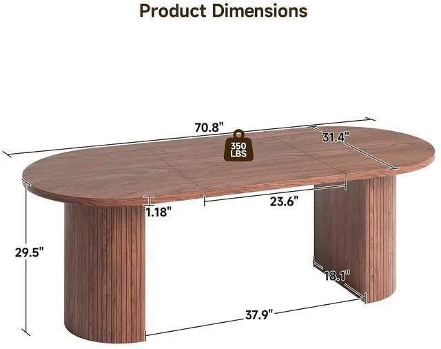 Alt view image 2 of 7 - 70.8 Inch Dining Table for 4-6, Oval Dining Room Table with Curved Fluted Wood Strip Base, Mid-Century Modern Kitchen Tables with Footpads, Dinner Tables for Living Room, Dining Room, Walnut