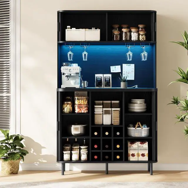 Alt view image 3 of 7 - 71" Tall Wine Bar Cabinet with Storage, Fluted Wood Coffee Bar Cabinet with LED Lights, Modern Liquor Cabinet for Home with Wine Glass Racks, Large Home Bar for Living Room Kitchen