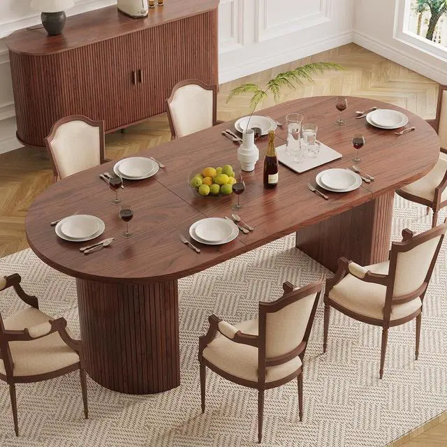 Main image of 70.8 Inch Dining Table for 4-6, Oval Dining Room Table with Curved Fluted Wood Strip Base, Mid-Century Modern Kitchen Tables with Footpads, Dinner Tables for Living Room, Dining Room, Walnut