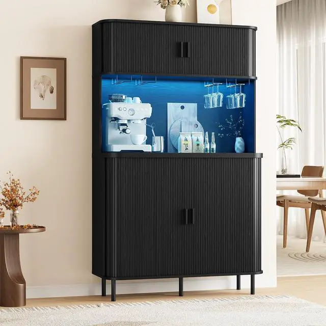 Main image of 71" Tall Wine Bar Cabinet with Storage, Fluted Wood Coffee Bar Cabinet with LED Lights, Modern Liquor Cabinet for Home with Wine Glass Racks, Large Home Bar for Living Room Kitchen