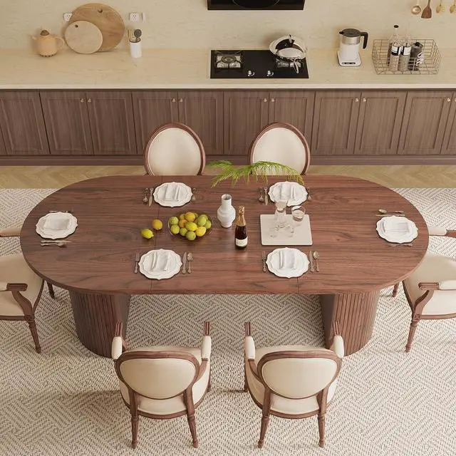 Alt view image 3 of 7 - 70.8 Inch Dining Table for 4-6, Oval Dining Room Table with Curved Fluted Wood Strip Base, Mid-Century Modern Kitchen Tables with Footpads, Dinner Tables for Living Room, Dining Room, Walnut