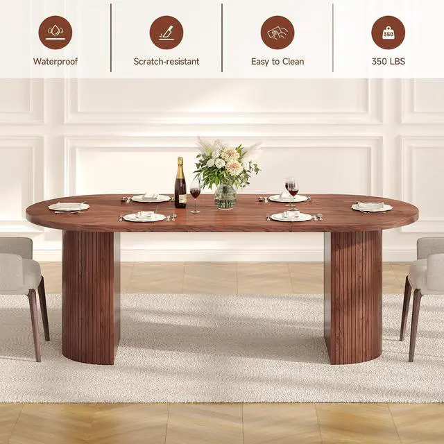 Alt view image 7 of 7 - 70.8 Inch Dining Table for 4-6, Oval Dining Room Table with Curved Fluted Wood Strip Base, Mid-Century Modern Kitchen Tables with Footpads, Dinner Tables for Living Room, Dining Room, Walnut