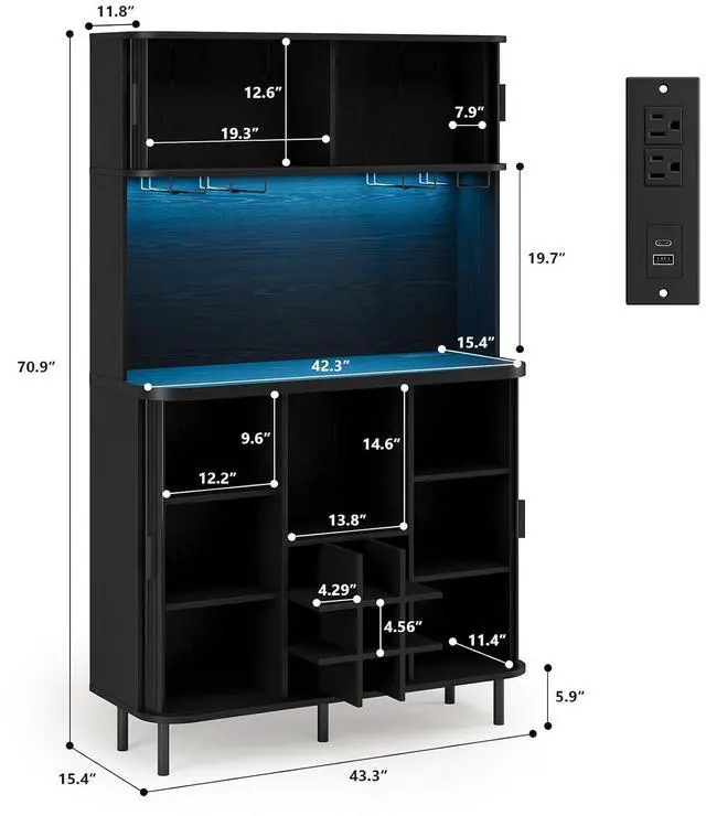 Alt view image 2 of 7 - 71" Tall Wine Bar Cabinet with Storage, Fluted Wood Coffee Bar Cabinet with LED Lights, Modern Liquor Cabinet for Home with Wine Glass Racks, Large Home Bar for Living Room Kitchen