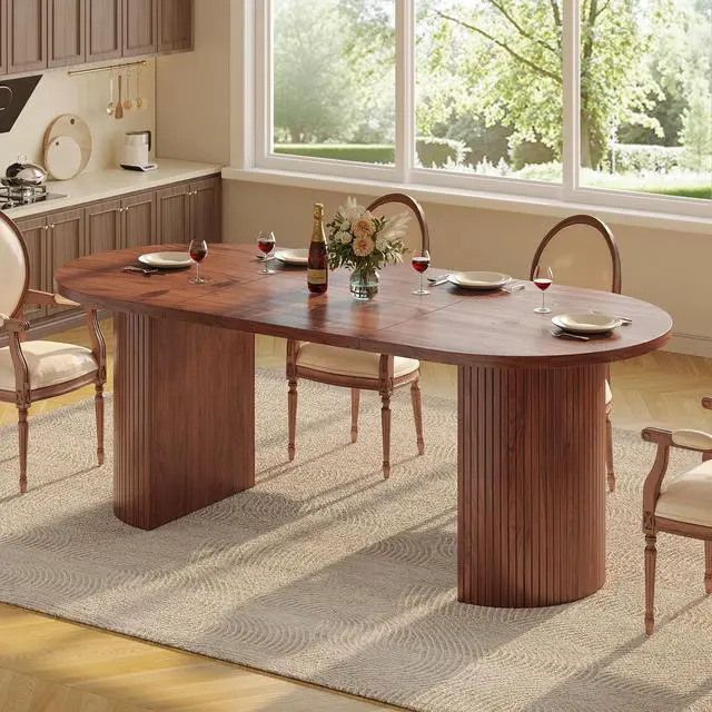 Alt view image 4 of 7 - 70.8 Inch Dining Table for 4-6, Oval Dining Room Table with Curved Fluted Wood Strip Base, Mid-Century Modern Kitchen Tables with Footpads, Dinner Tables for Living Room, Dining Room, Walnut