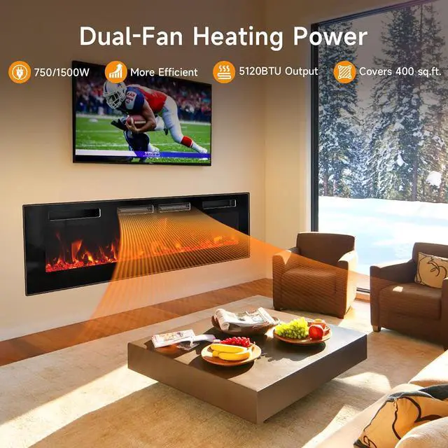 Alt view image 4 of 7 - 50 Electric Fireplace Insert, Ultra Slim Fireplace with 2 Heat Fans, 750/1500W Recessed Fire Place with 12 Flame Color, Touch Screen