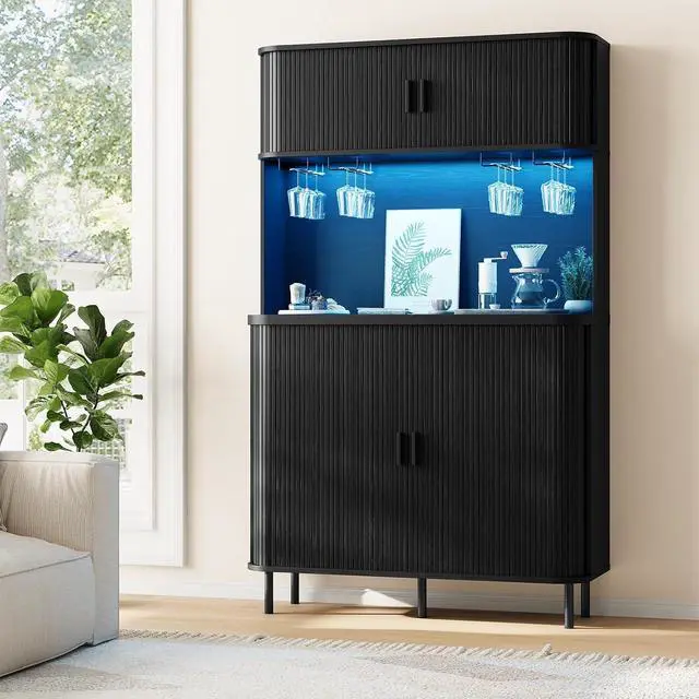 Alt view image 4 of 7 - 71" Tall Wine Bar Cabinet with Storage, Fluted Wood Coffee Bar Cabinet with LED Lights, Modern Liquor Cabinet for Home with Wine Glass Racks, Large Home Bar for Living Room Kitchen