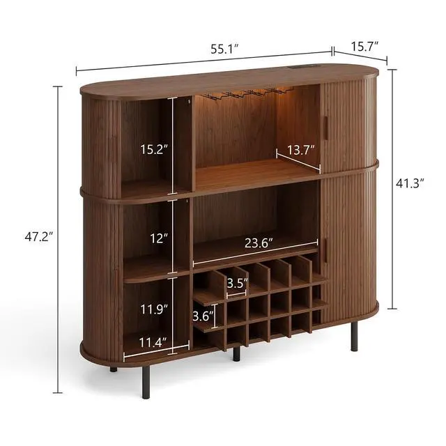 Alt view image 2 of 7 - 55" Fluted Wine Bar Cabinet with LED Lights, Coffee Bar Cabinet with Power Outlet, Modern Liquor Whiskey Cabinets with Wine Rack and Glass Holder, Home Bar for Living Room Kitchen