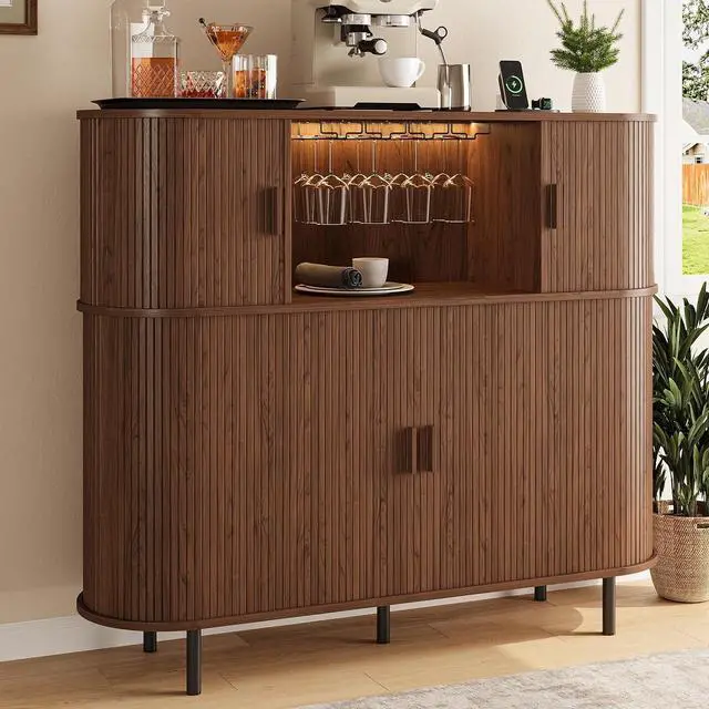 Main image of 55" Fluted Wine Bar Cabinet with LED Lights, Coffee Bar Cabinet with Power Outlet, Modern Liquor Whiskey Cabinets with Wine Rack and Glass Holder, Home Bar for Living Room Kitchen