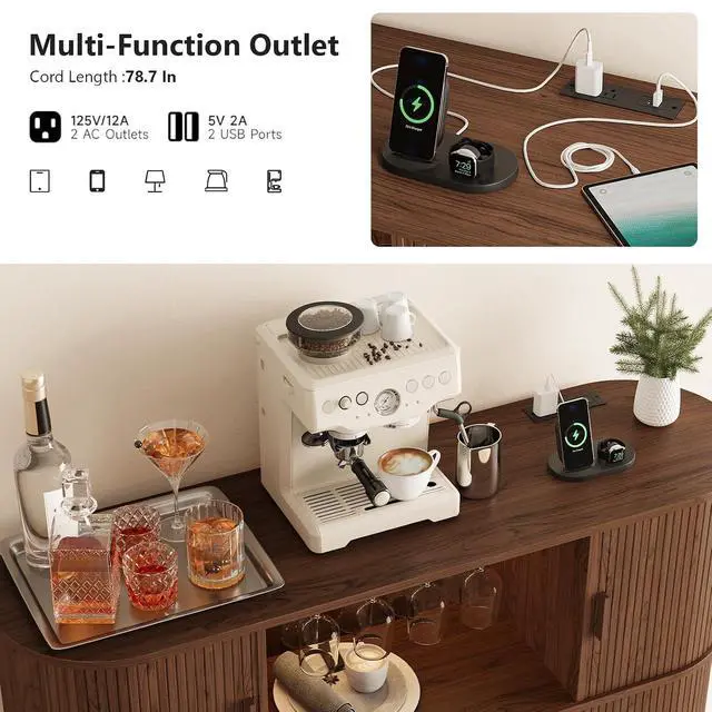 Alt view image 5 of 7 - 55" Fluted Wine Bar Cabinet with LED Lights, Coffee Bar Cabinet with Power Outlet, Modern Liquor Whiskey Cabinets with Wine Rack and Glass Holder, Home Bar for Living Room Kitchen