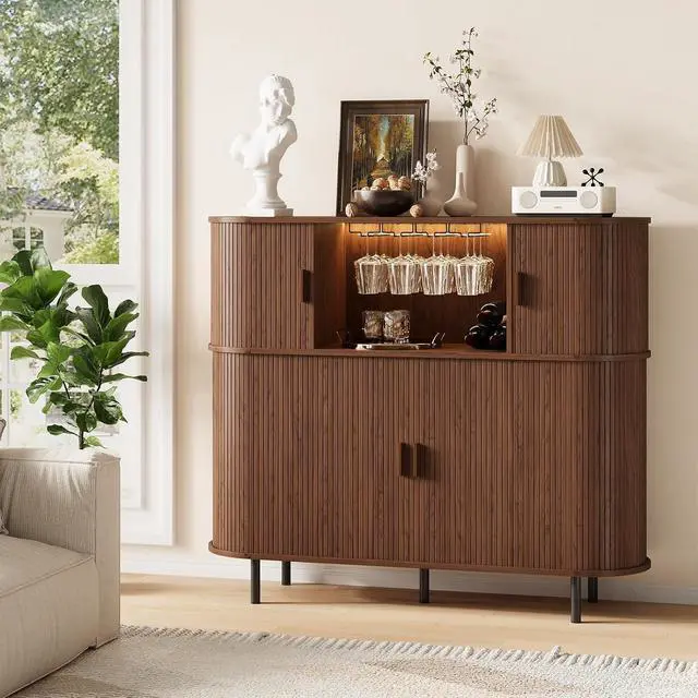 Alt view image 3 of 7 - 55" Fluted Wine Bar Cabinet with LED Lights, Coffee Bar Cabinet with Power Outlet, Modern Liquor Whiskey Cabinets with Wine Rack and Glass Holder, Home Bar for Living Room Kitchen