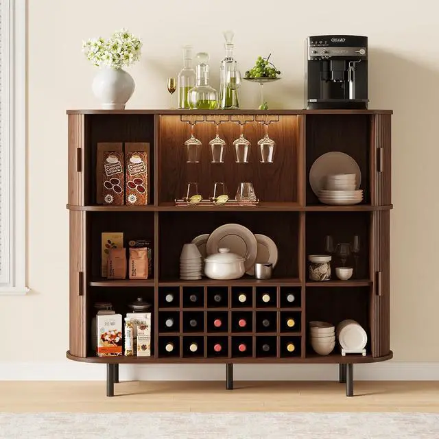 Alt view image 4 of 7 - 55" Fluted Wine Bar Cabinet with LED Lights, Coffee Bar Cabinet with Power Outlet, Modern Liquor Whiskey Cabinets with Wine Rack and Glass Holder, Home Bar for Living Room Kitchen