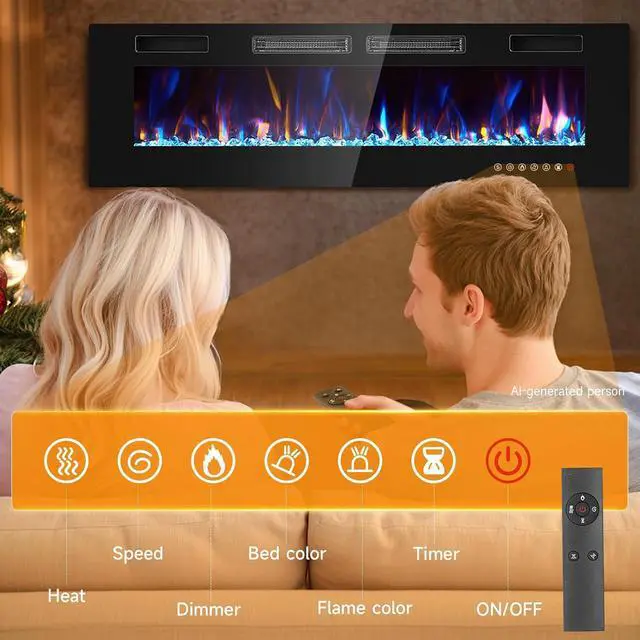 Alt view image 6 of 7 - 50 Electric Fireplace Insert, Ultra Slim Fireplace with 2 Heat Fans, 750/1500W Recessed Fire Place with 12 Flame Color, Touch Screen