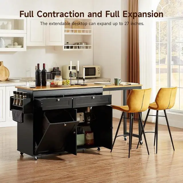 Alt view image 6 of 7 - Kitchen Islands with Extendable Dining Table, 81.7" Mobile Kitchen Storage Islands, Rolling Kitchen Cart with Trash Cabinet, Power Outlet, Spice Rack & Towel Rack, Black