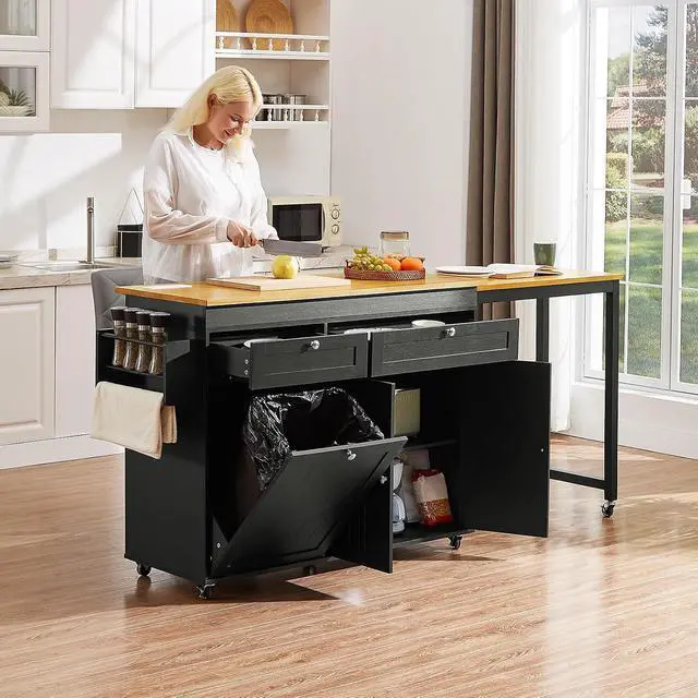 Alt view image 3 of 7 - Kitchen Islands with Extendable Dining Table, 81.7" Mobile Kitchen Storage Islands, Rolling Kitchen Cart with Trash Cabinet, Power Outlet, Spice Rack & Towel Rack, Black