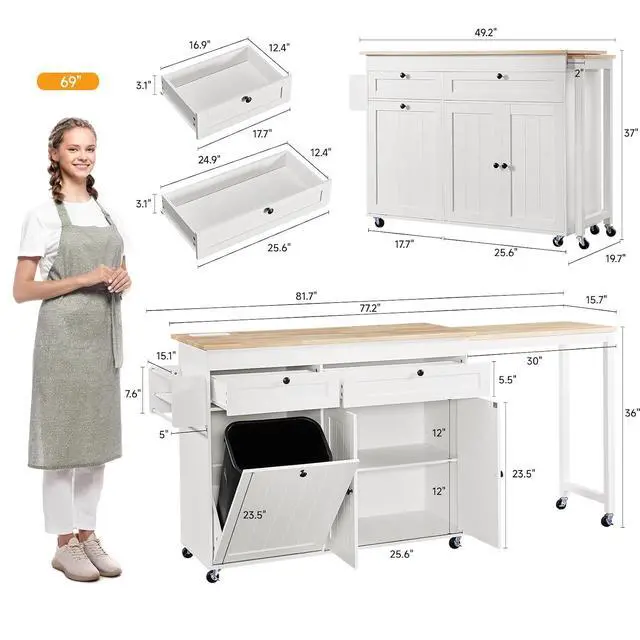 Alt view image 2 of 7 - Kitchen Islands with Extendable Dining Table, 81.7" Mobile Kitchen Storage Islands, Rolling Kitchen Cart with Trash Cabinet, Power Outlet, Spice Rack & Towel Rack, White