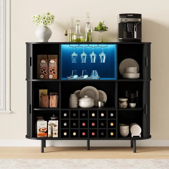 Alt view image 4 of 7 - 55" Fluted Wine Bar Cabinet with LED Lights, Coffee Bar Cabinet with Power Outlet, Modern Liquor Whiskey Cabinets with Wine Rack and Glass Holder, Home Bar for Living Room Kitchen